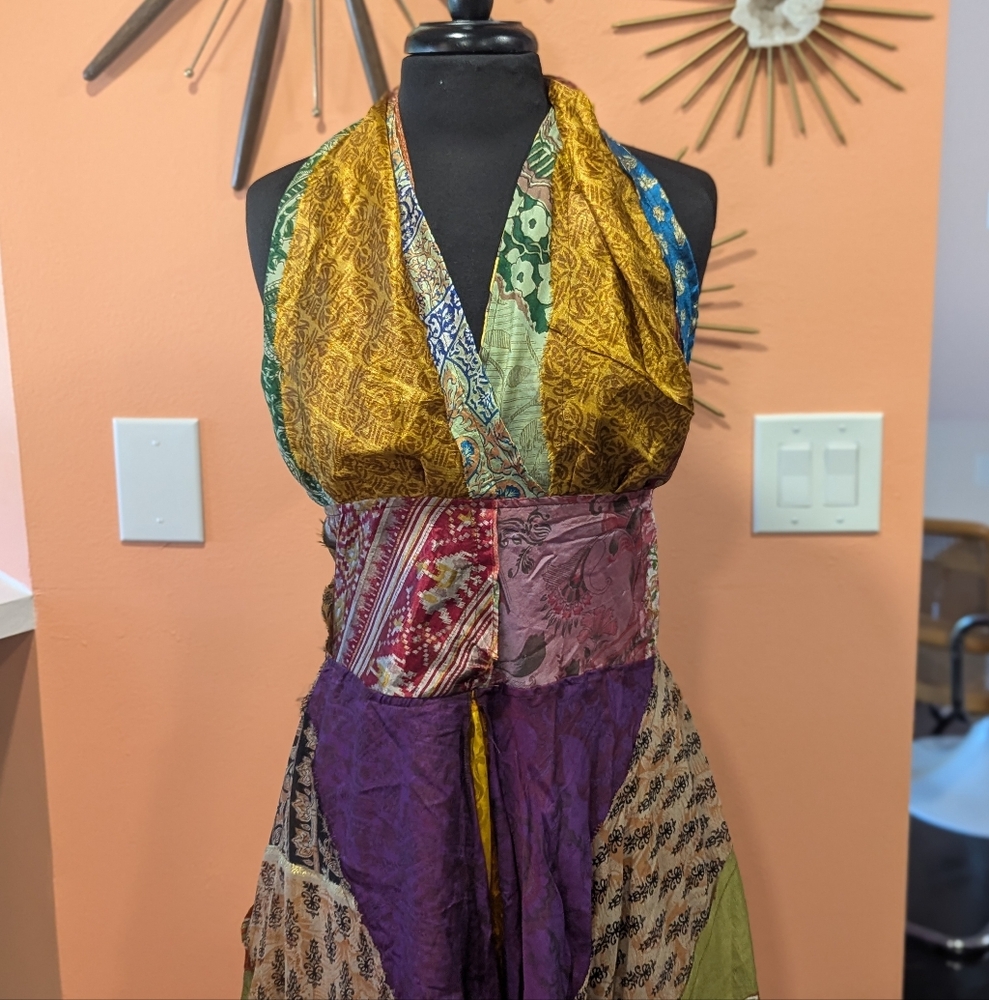 Bohenian Jack Pot Silk Multicolor Patchwork Halter Dress Maxi Festival - Picture 4 of 16